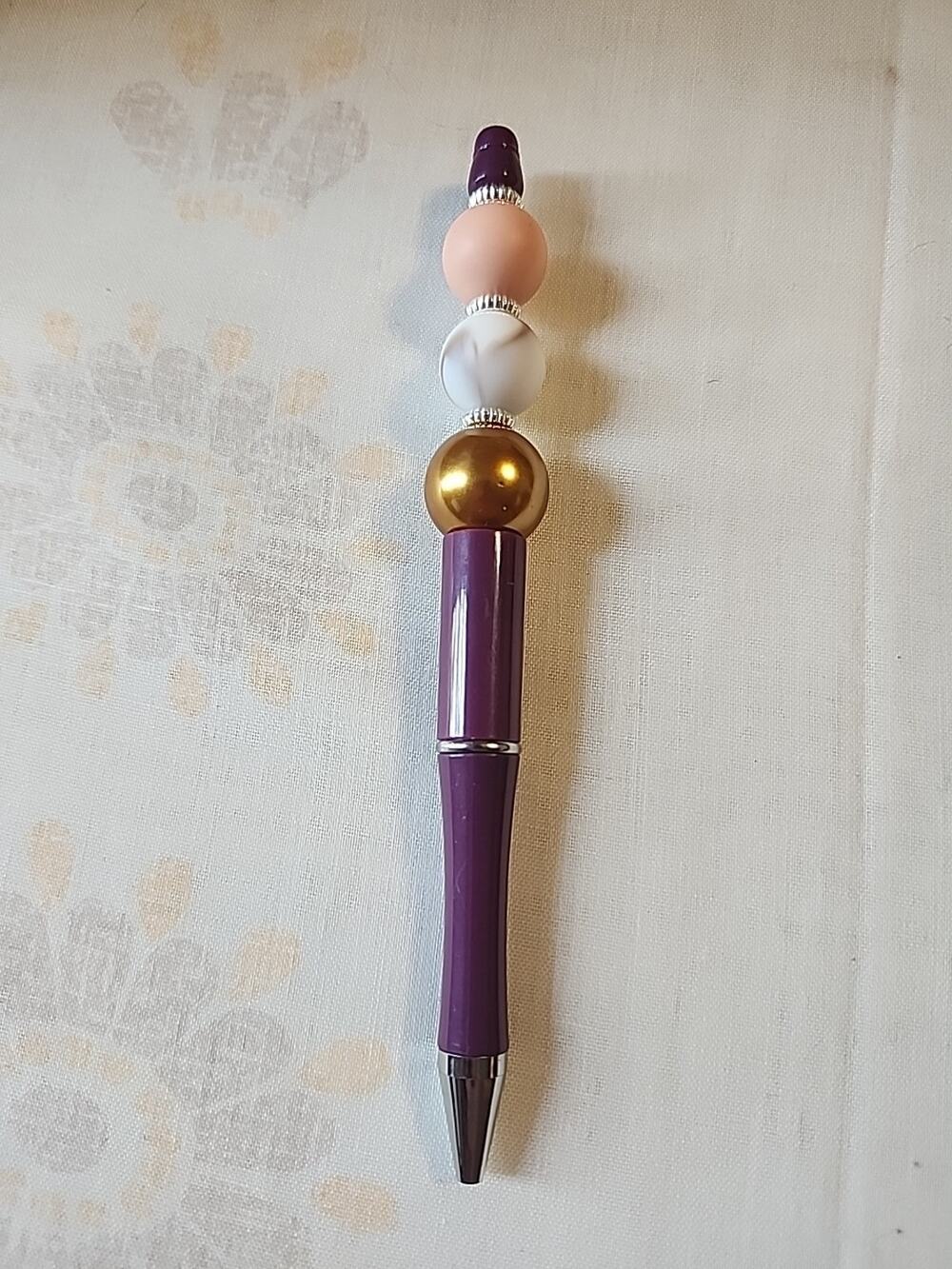 Bead Pen Purple Pen Gold, Brown / White Marble, Peach Silicone Beads
